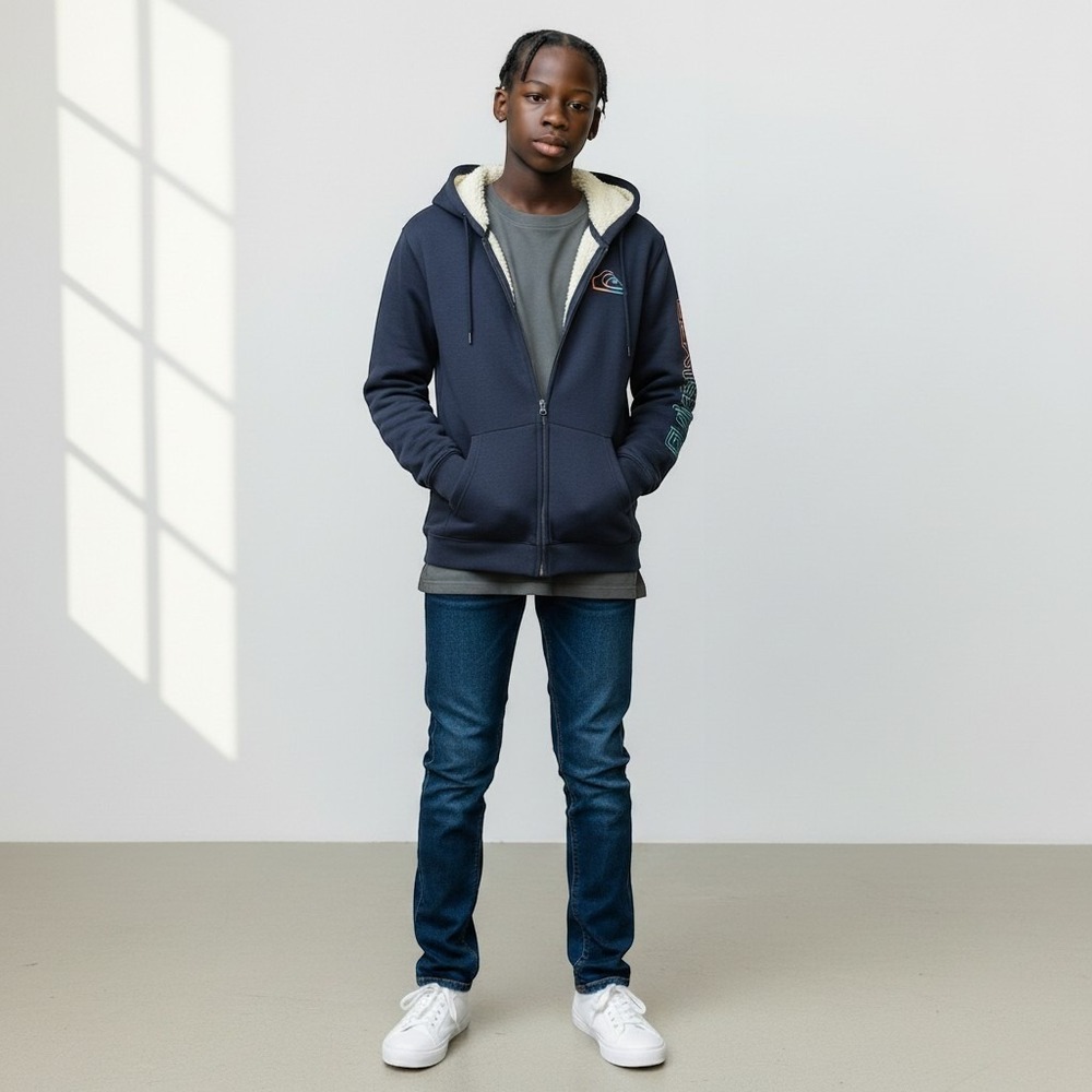 NWT Quiksilver Boys Sherpa Lined Full Zip Hoodie Navy Blue Eclipse M 10/12 NEW